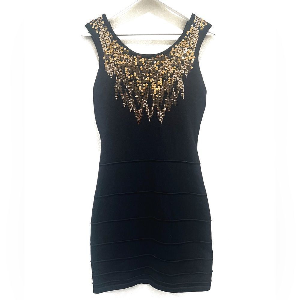 Y2K 2b Bebe Black Metallic Gold Sequin Bandage Sleeveless Cutout Back Slip - Picture 8 of 14